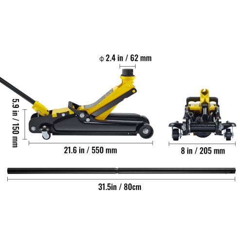 VEVOR Low Profile Floor Jack, 2.5 Ton Slim Profile, Durable Steel Racing Lift with Single Piston Pump, Range 3.35"-14.96"