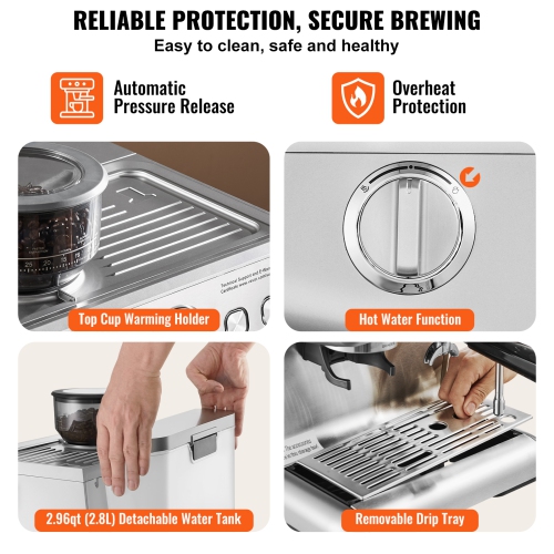 Machine à espresso VEVOR avec moulin, cafetière à espresso semi-automatique de 15 bars avec buse à vapeur pour moussoir à lait, réservoir d'eau