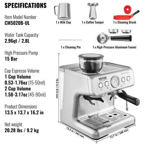 Machine à espresso VEVOR avec moulin, cafetière à espresso semi-automatique de 15 bars avec buse à vapeur pour moussoir à lait, réservoir d'eau