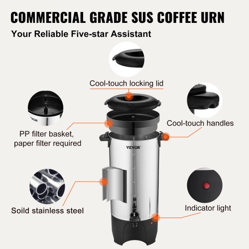 VEVOR Commercial Coffee Urn, 50 Cups Stainless Steel Large Coffee Dispenser, 1000W 110V Electric Coffee Maker Urn For Quick Brewing, Hot Water Urn