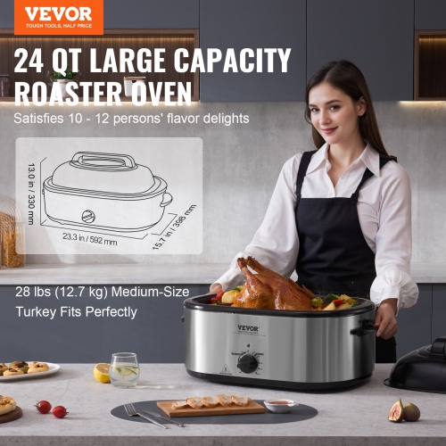 VEVOR Electric Roaster Oven, 24 QT Turkey Roaster Oven with Self-Basting Lid, 1450W Roaster Oven with Defrost & Warm Function, Adjustable Temp,
