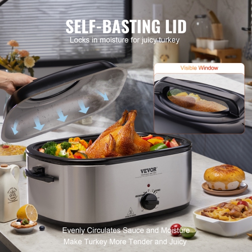 VEVOR Electric Roaster Oven, 24 QT Turkey Roaster Oven with Self-Basting Lid, 1450W Roaster Oven with Defrost & Warm Function, Adjustable Temp,