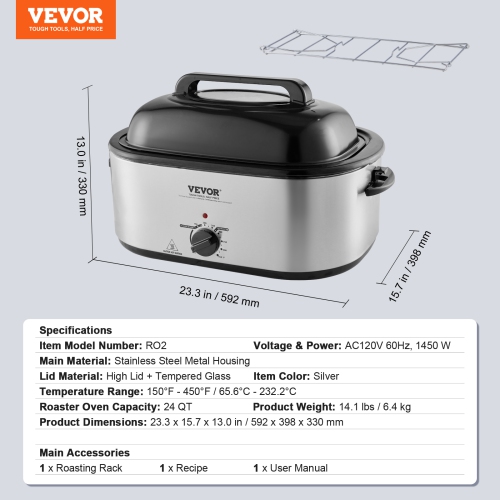 VEVOR Electric Roaster Oven, 24 QT Turkey Roaster Oven with Self-Basting Lid, 1450W Roaster Oven with Defrost & Warm Function, Adjustable Temp,
