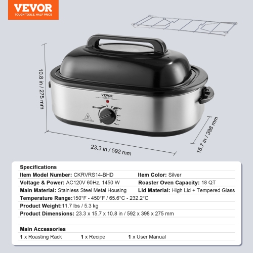 VEVOR Electric Roaster Oven, 18 QT Turkey Roaster Oven with Self-Basting Lid, 1450W Roaster Oven with Defrost & Warm Function, Adjustable