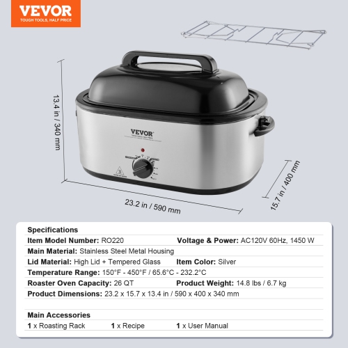 VEVOR Electric Roaster Oven, 26 QT Turkey Roaster Oven with Self-Basting Lid, 1450W Roaster Oven with Defrost & Warm Function, Adjustable