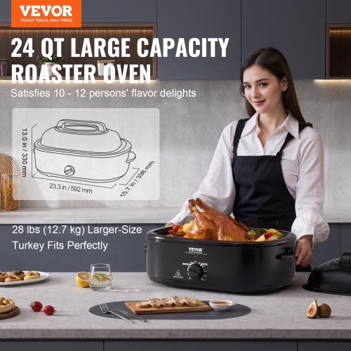 VEVOR Electric Roaster Oven, 24 QT Turkey Roaster Oven with Self-Basting Lid, 1450W Roaster Oven with Defrost & Warm Function, Adjustable Temp,
