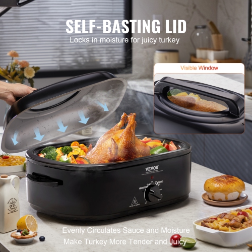 VEVOR Electric Roaster Oven, 24 QT Turkey Roaster Oven with Self-Basting Lid, 1450W Roaster Oven with Defrost & Warm Function, Adjustable Temp,