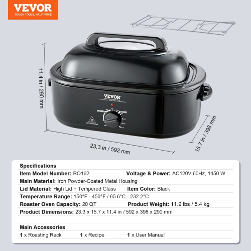 VEVOR Electric Roaster Oven, 20 QT Turkey Roaster Oven with Self-Basting Lid, 1450W Roaster Oven with Defrost & Warm Function, Adjustable