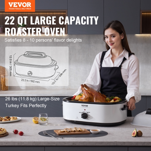 VEVOR Electric Roaster Oven, 22 QT Turkey Roaster Oven with Self-Basting Lid, 1450W Roaster Oven with Defrost & Warm Function, Adjustable Temp,