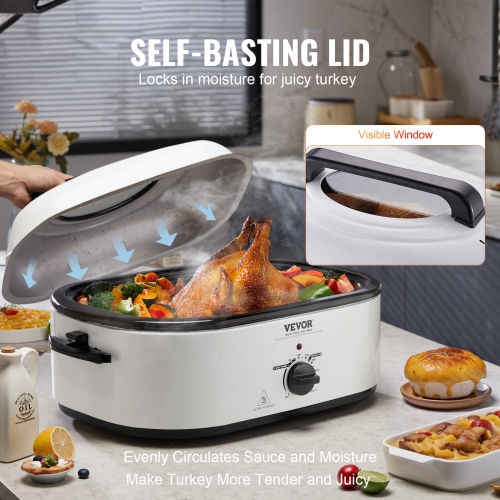 VEVOR Electric Roaster Oven, 22 QT Turkey Roaster Oven with Self-Basting Lid, 1450W Roaster Oven with Defrost & Warm Function, Adjustable Temp,
