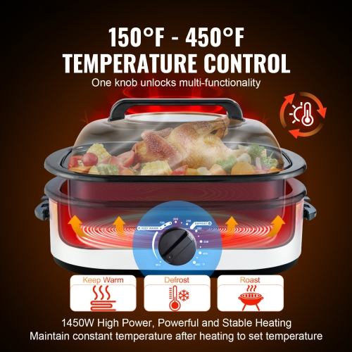VEVOR Electric Roaster Oven, 22 QT Turkey Roaster Oven with Self-Basting Lid, 1450W Roaster Oven with Defrost & Warm Function, Adjustable Temp,