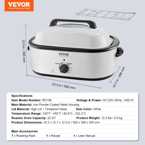 VEVOR Electric Roaster Oven, 22 QT Turkey Roaster Oven with Self-Basting Lid, 1450W Roaster Oven with Defrost & Warm Function, Adjustable Temp,