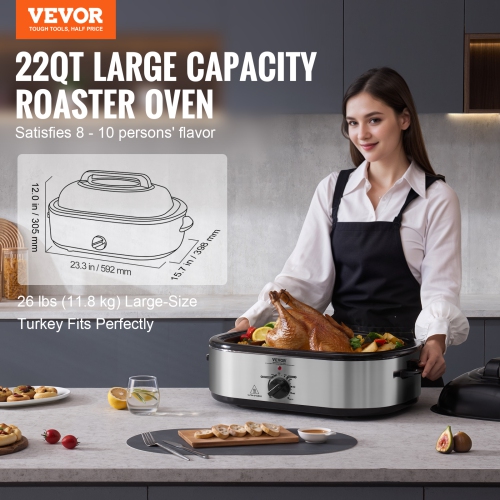 VEVOR Electric Roaster Oven, 22 QT Turkey Roaster Oven with Self-Basting Lid, 1450W Roaster Oven with Defrost & Warm Function, Adjustable Temp,