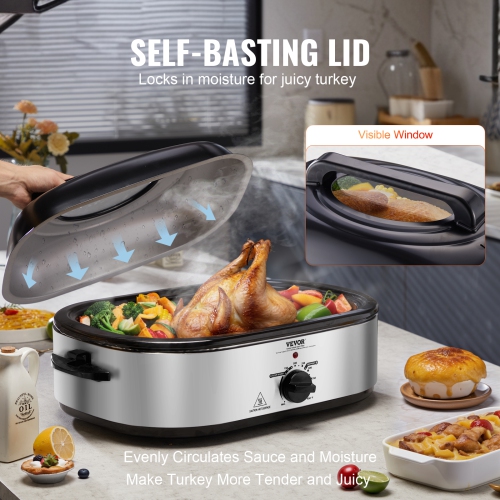 VEVOR Electric Roaster Oven, 22 QT Turkey Roaster Oven with Self-Basting Lid, 1450W Roaster Oven with Defrost & Warm Function, Adjustable Temp,