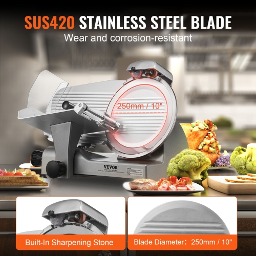 VEVOR Meat Slicer, 340W Electric Deli Food Slicer with 10" SUS420 Stainless Steel Blade and Built-in Sharpening Stone, 0-0.6 inch Adjustable