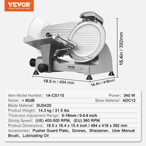 VEVOR Meat Slicer, 340W Electric Deli Food Slicer with 10" SUS420 Stainless Steel Blade and Built-in Sharpening Stone, 0-0.6 inch Adjustable