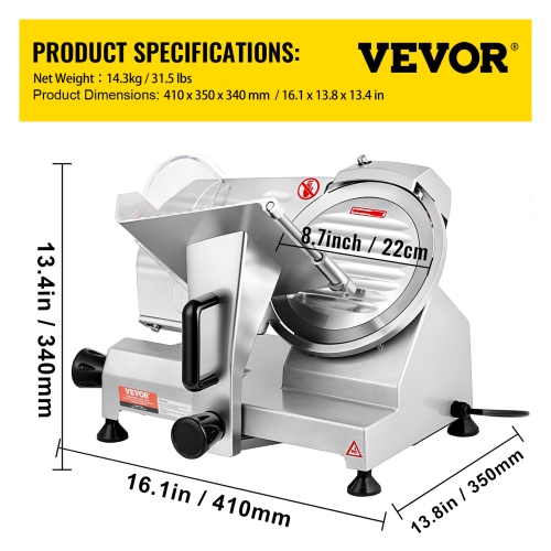 VEVOR Commercial Meat Slicer, 200W Electric Deli Food Slicer, 350-400RPM Meat Slicer with 8" Carbon Steel Blade, 0 - 0.47 inch Adjustable Thickness