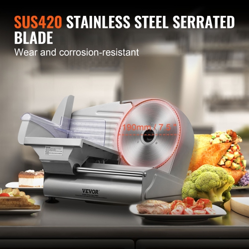 VEVOR Meat Slicer, 7.5 inch Electric Deli Food Slicer, 180W Meat Cutter with a Premium SUS420 Blade, 0-0.6 inch Adjustable Thickness, Food Slicer