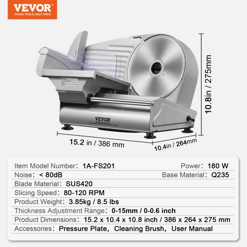 VEVOR Meat Slicer, 7.5 inch Electric Deli Food Slicer, 180W Meat Cutter with a Premium SUS420 Blade, 0-0.6 inch Adjustable Thickness, Food Slicer