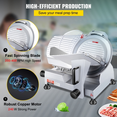 VEVOR 240W Commercial Meat Slicer, Electric Deli Food Slicer, 10" Carbon Steel Blade Electric Food Slicer, 350-400RPM Meat Slicer, 0 - 0.47 inch