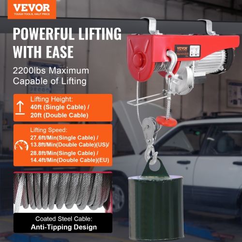 VEVOR 2200 lbs Electric Hoist,120V Electric Winch with 328 ft Wireless & 14 ft Wired Remote Control, 40 ft Single Cable Lifting Height, Single/Double