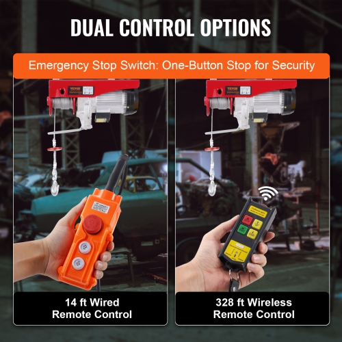 VEVOR 2200 lbs Electric Hoist,120V Electric Winch with 328 ft Wireless & 14 ft Wired Remote Control, 40 ft Single Cable Lifting Height, Single/Double