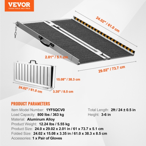 VEVOR 2 ft Wheelchair Ramp,800 lbs Capacity, Non-Slip Aluminum Folding Threshold Ramp, Foldable Mobility Scooter Ramp Wheel Chair Ramp, Handicap Ramp