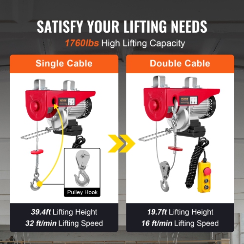 Palan électrique VEVOR 1760 lb avec télécommande filaire 14 pi, palan électrique 110 V avec hauteur de levage à câble unique 40 pi et