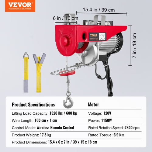 VEVOR 1320 lbs Electric Hoist,Lifting Capacity, 1150W 110V Electric Steel Wire Winch with Wireless Remote Control, 40ft Single Cable Lifting Height &