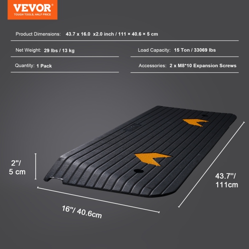 VEVOR 2" Rise Height Rubber Threshold Ramp,Recycled Rubber Power Threshold Ramp Rated 33069 lbs Load Capacity, Non-Slip Surface Rubber Solid Ramp for