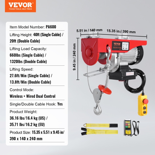 VEVOR 1320 lbs Electric Hoist,120V Electric Winch with 328 ft Wireless & 14 ft Wired Remote Control, 40 ft Single Cable Lifting Height, Single/Double