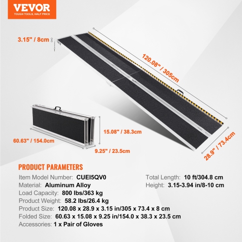 VEVOR 10 ft Portable Wheelchair Ramp,800 lbs Capacity, Non-Slip Aluminum Folding Threshold Ramp, Foldable Mobility Scooter Ramp Wheel Chair Ramp,