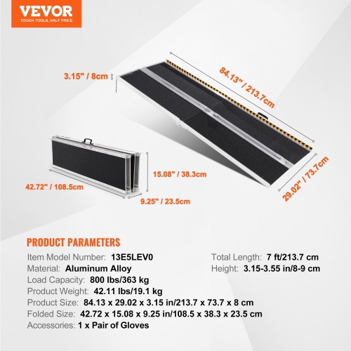 VEVOR 7 ft Portable Wheelchair Ramp,800 lbs Capacity, Non-Slip Aluminum Folding Threshold Ramp, Foldable Mobility Scooter Ramp Wheel Chair Ramp,