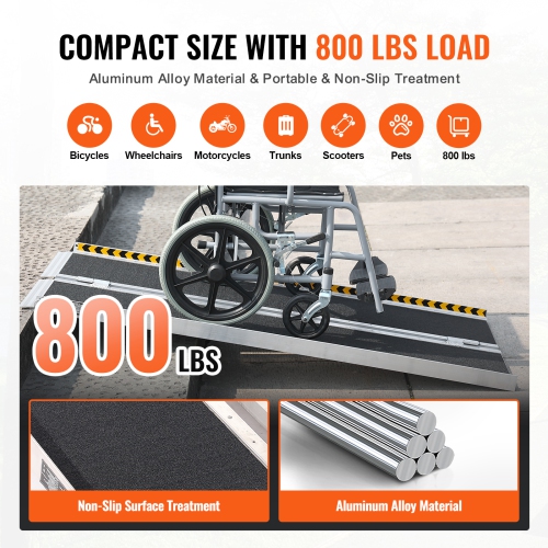 VEVOR 5 ft Wheelchair Ramp,800 lbs Capacity, Non-Slip Aluminum Folding Threshold Ramp, Foldable Mobility Scooter Ramp Wheel Chair Ramp, Handicap Ramp