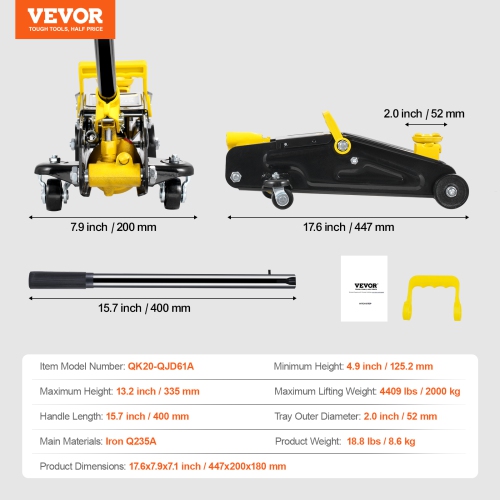 VEVOR Low Profile Floor Jack 2 Ton, Heavy Duty Iron Hydraulic Racing Floor Jack, Single Piston Quick Lift Pump, 4.9"-13.2" Height Lifting Range