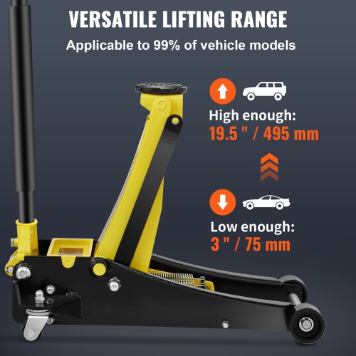 VEVOR Low Profile Floor Jack, 3 Ton Capacity, Low-lying Steel Jack for Racing,Adjustable Height from 3.35 inches to 19.69 inches