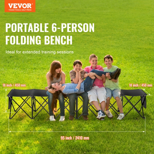 VEVOR 6 Seats Portable Folding Bench, Foldable Sideline Bench, Camping Bench Chairs with Bag, Team Sport Bench for Football, Camping, Fishing, No