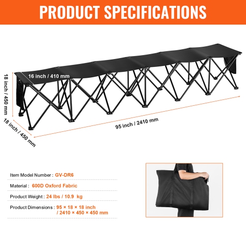 VEVOR 6 Seats Portable Folding Bench, Foldable Sideline Bench, Camping Bench Chairs with Bag, Team Sport Bench for Football, Camping, Fishing, No