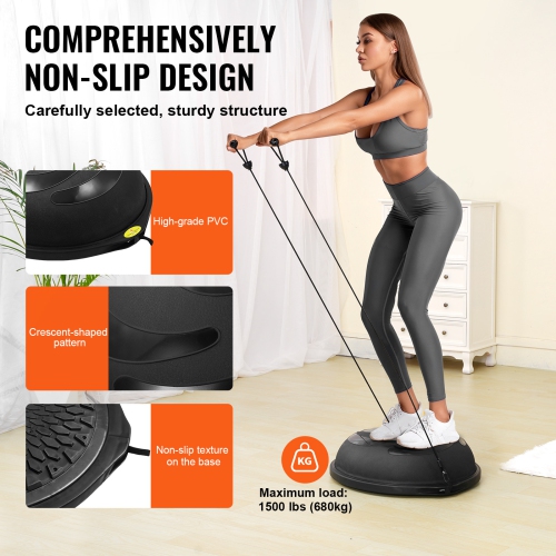 VEVOR 26 inch Half Exercise Ball Trainer, Balance Ball Trainer, 1500lbs Capacity Stability Ball, Yoga Ball with Resistance Bands & Foot Pump,