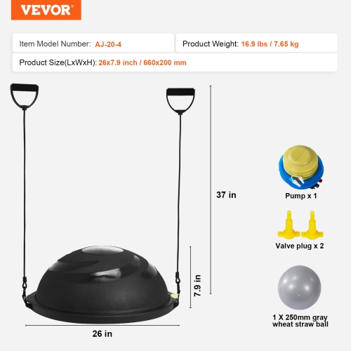 VEVOR 26 inch Half Exercise Ball Trainer, Balance Ball Trainer, 1500lbs Capacity Stability Ball, Yoga Ball with Resistance Bands & Foot Pump,