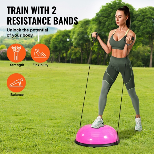 VEVOR 23 Inch Ball Pink Trainer Half Fitness Yoga Balance Stability Ball Resistance Band