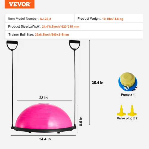 VEVOR 23 Inch Ball Pink Trainer Half Fitness Yoga Balance Stability Ball Resistance Band