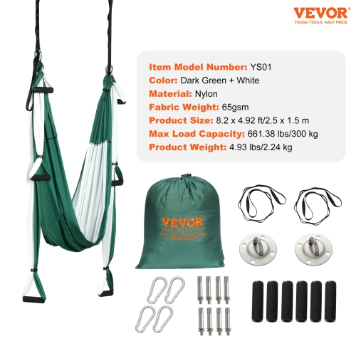 VEVOR 2.7 Yards Aerial Yoga Flying Yoga Swing Yoga Hammock Trapeze Green/White