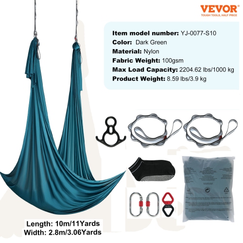 VEVOR 11 Yards Aerial Silk Yoga Swing Set Hammock Trapeze Inversion Fly Green