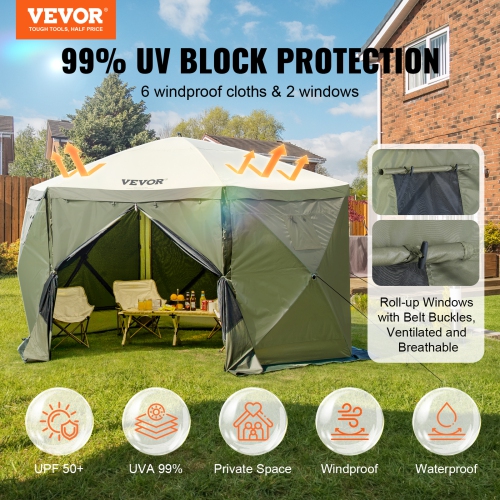 VEVOR Pop Up Gazebo Tent, Pop-Up Screen Tent 6 Sided Canopy Sun Shelter with 6 Removable Privacy Wind Cloths & Mesh Windows 12x12FT Quick Set Screen