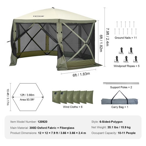 VEVOR Pop Up Gazebo Tent, Pop-Up Screen Tent 6 Sided Canopy Sun Shelter with 6 Removable Privacy Wind Cloths & Mesh Windows 12x12FT Quick Set Screen