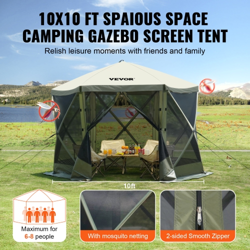 VEVOR Pop Up Gazebo Tent, Pop-Up Screen Tent 6 Sided Canopy Sun Shelter with 6 Removable Privacy Wind Cloths & Mesh Windows 10x10FT Quick Set Screen
