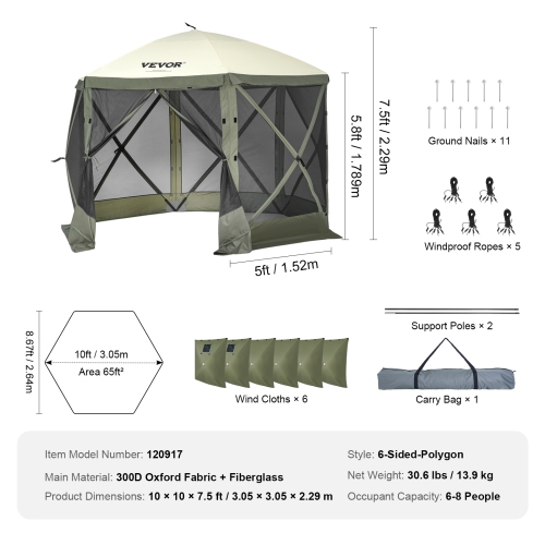 VEVOR Pop Up Gazebo Tent, Pop-Up Screen Tent 6 Sided Canopy Sun Shelter with 6 Removable Privacy Wind Cloths & Mesh Windows 10x10FT Quick Set Screen