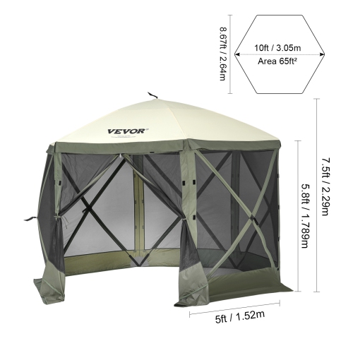 VEVOR Pop Up Gazebo Tent, Pop-Up Screen Tent 6 Sided Canopy Sun Shelter with 6 Removable Privacy Wind Cloths & Mesh Windows 10x10FT Quick Set Screen