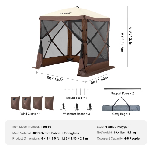 VEVOR Pop Up Gazebo Tent, Pop-Up Screen Tent 4 Sided Canopy Sun Shelter with 4 Removable Privacy Wind Cloths & Mesh Windows 6x6FT Quick Set Screen